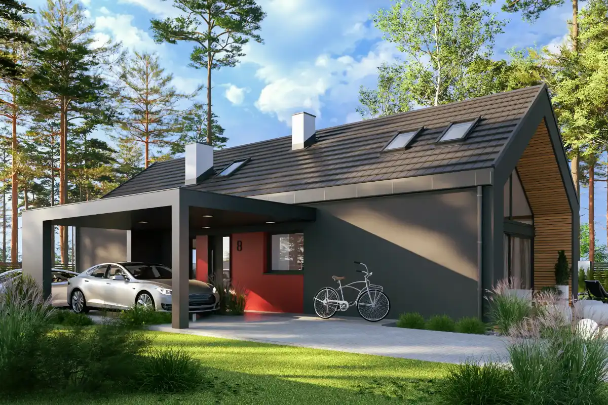 projekt domu Nowoczesna Stodoła 2B - z poddaszem o powierzchni do 140 metrów - widok od frontu
